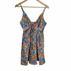 NWT Makemechic orange & blue floral cutout tie front mini summer dress size M